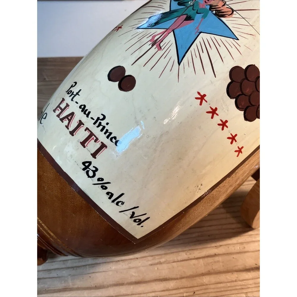 VTG Haitian Folk Art Wooden Bottle Keeper Holder Painted Barbancourt Rhum Cannon